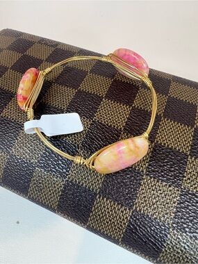 Handmade Artisan wire-wrapped gold plated 3 oval stone bohemian bangle bracelet